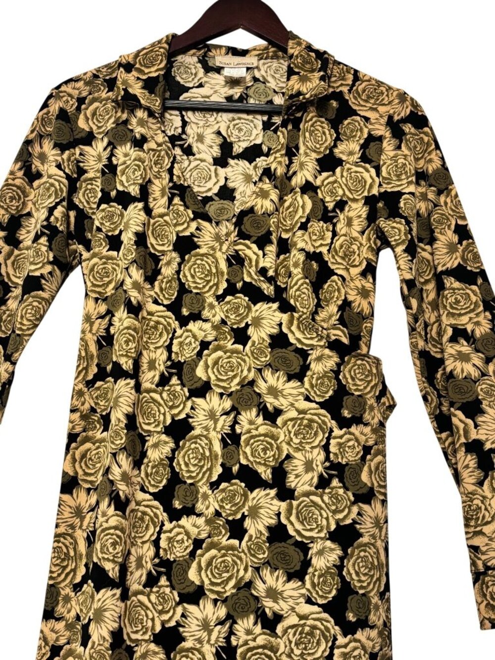 Susan Lawrence Black & Gold Floral Wrap Dress Long Sleeve Made In USA Size M